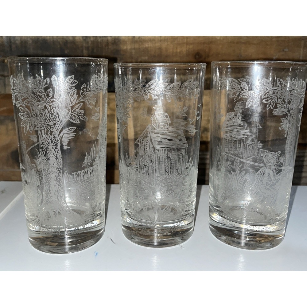 3 Vintage Highball Tumbler Glasses Etched Scene Wrap Fishing Boy Cabin